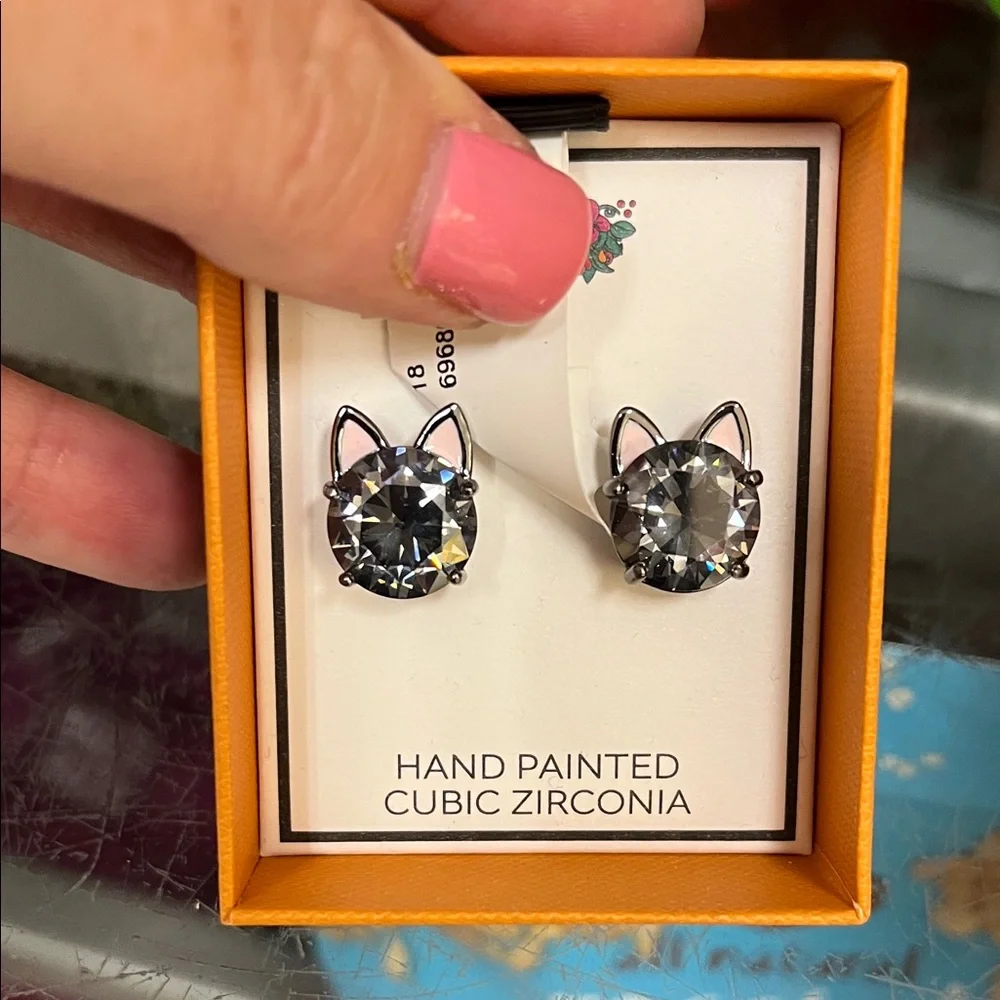 Hand Painted Cat Ear Cubic Zirconia Earrings
